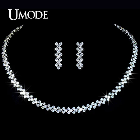 UMODE Wedding Jewelry Set Including 1 Pair of CZ Stone Dangle Earrings & 1 White Gold Color Choker Strands Necklace US0019 pair of elegant spiral tiered rhinestone dangle earrings