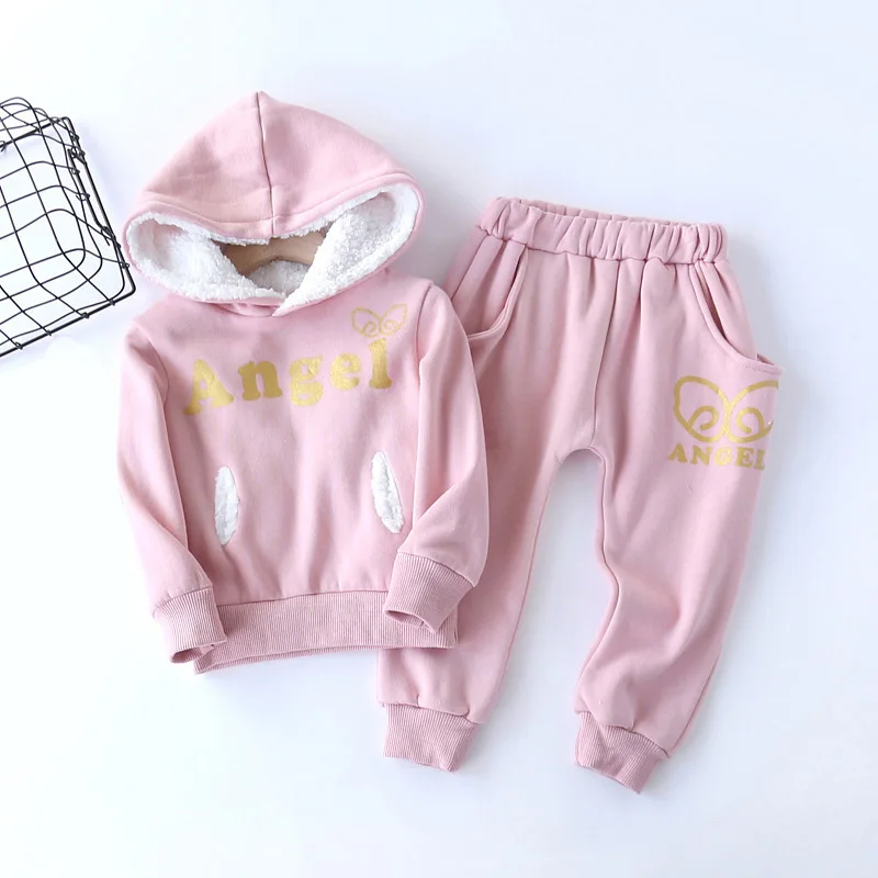 Pink Одежда для девочек новая модная одежда для мальчиков Детский комплект одежды из флиса с крыльями для мальчиков и девочек, хлопковая одежда Детские комплекты с капюшоном одежда для маленьких девочек - Цвет: Pink