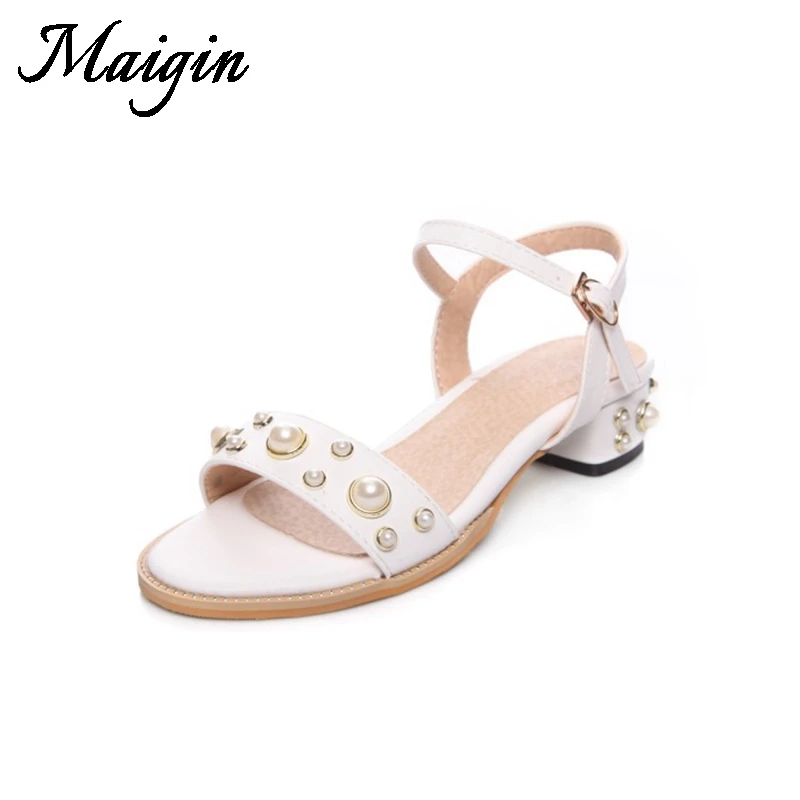 Maigin Black&White Sandals Women 2018 New Summer Pearl Shoes Women Open Toe Low Heel Sandals Buckle Strap Ladies Casual Shoes