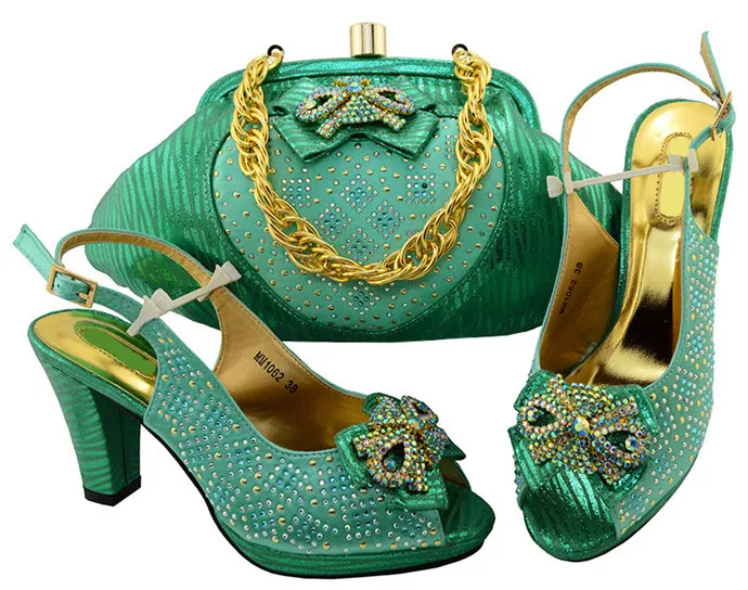 

Wonderful water green lady pumps african bowtie shoes match handbag set with rhinestones for dress MM1062,heel 8.5CM
