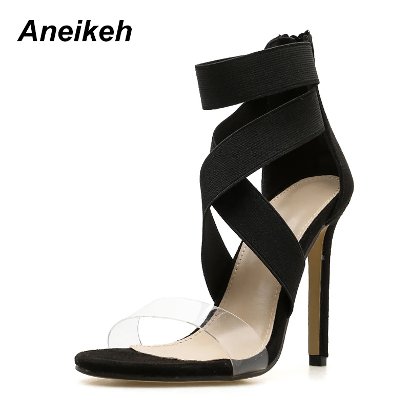 Aneikeh/ г.; пикантная обувь; женские сандалии-гладиаторы; модные летние свадебные туфли-лодочки на высоком каблуке-шпильке с открытым носком; босоножки из ПВХ - Цвет: black