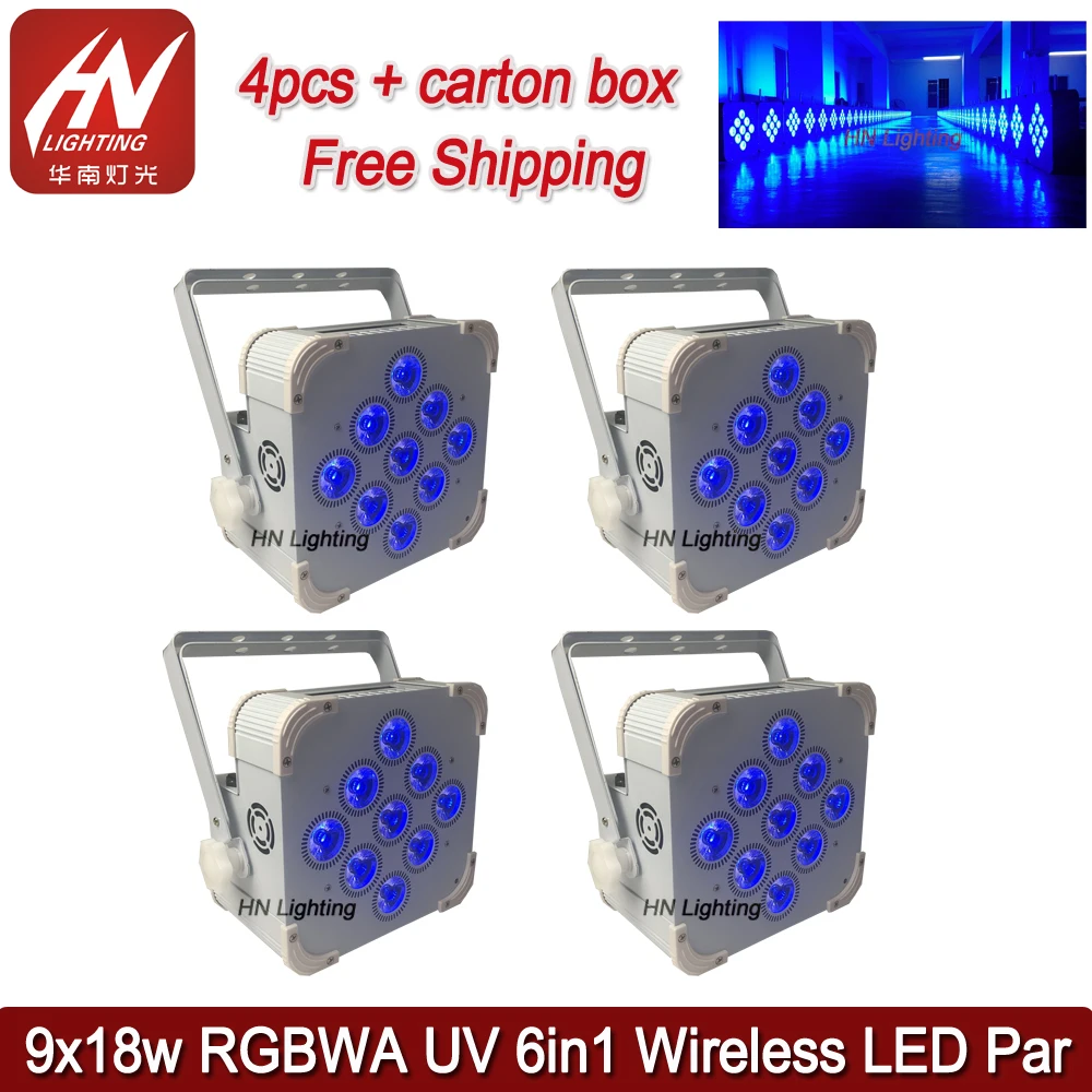 

4pcs Rechargeable Wifi par 9x18w RGBWAUV wireless DMX512 battery operated Events Led Up lighting with Remote