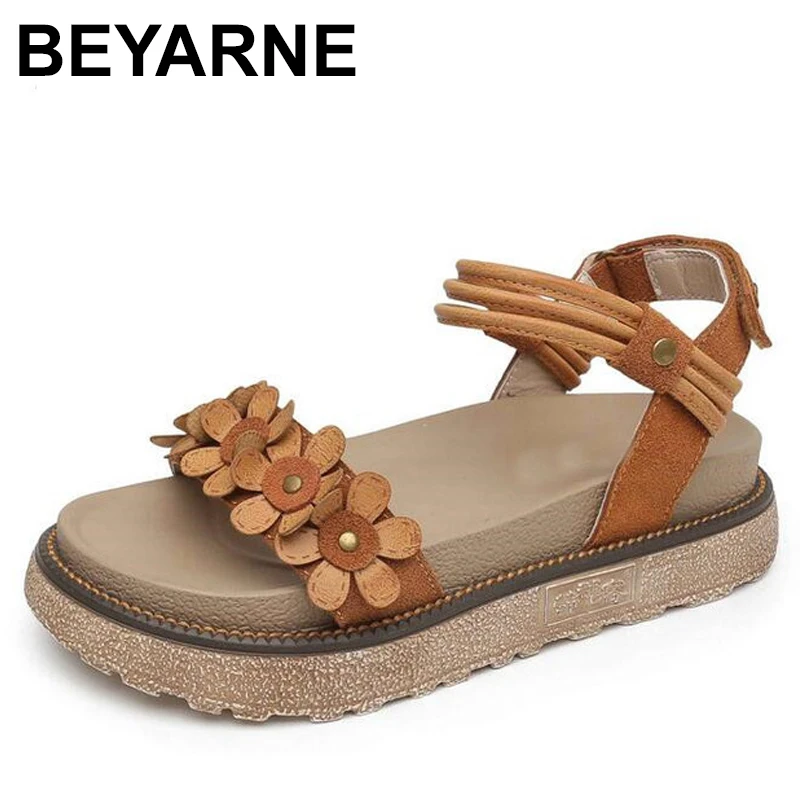 

BEYARNES Summer New Woman Soft bottom deerskin Sandals Fashion flowers comfortable women sandals leather large size women's shoe
