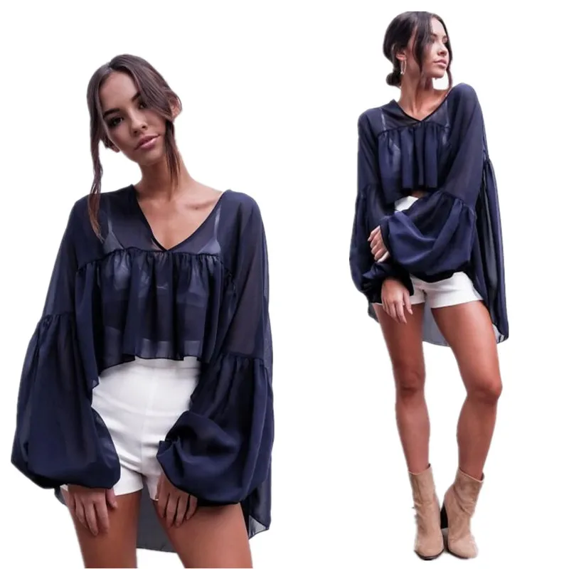 2017 Summer New Fashion High Low Lantern Sleeve Chiffon Blouse Beach