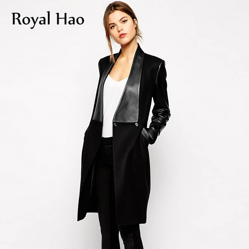 R&H 2018 Autumn Wool Coat Women Patchwork Black Office