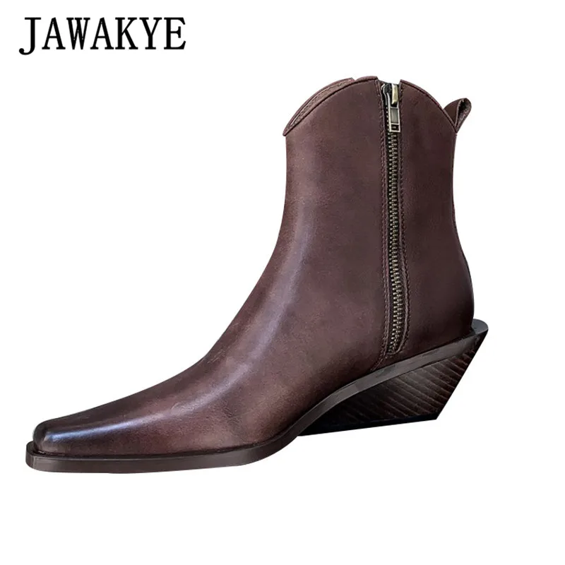 

2019 Newest Real Leather Ankle Boots Women Pointed Toe Side Zipper Wedge Heels Boots Fashion Autumn Winter Shoes Botas Mujer