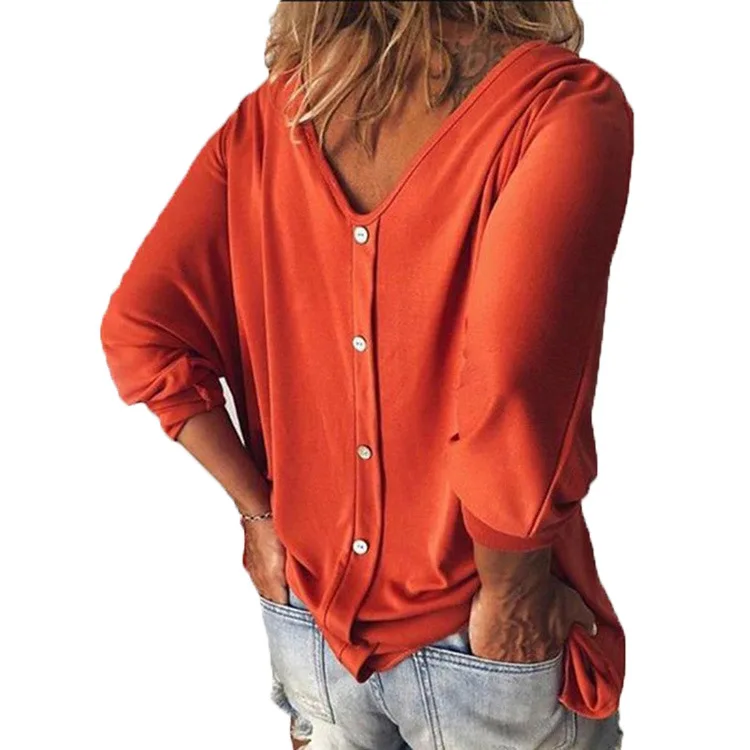 Новое поступление, женские футболки с рукавом летучая мышь, свободная Однотонная футболка с длинным рукавом, v-образный вырез, пуговицы на спине, топы, футболки размера плюс 5XL - Цвет: Оранжевый