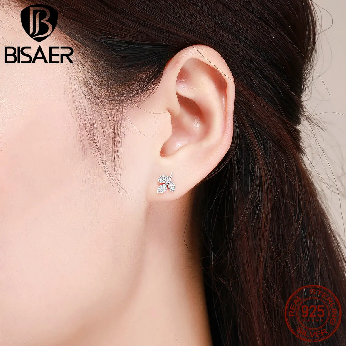 BISAER, серьги для женщин, 925 пробы, серебро, прозрачный CZ лист, серьги-гвоздики в форме растения, хорошее ювелирное изделие, серьги, Femme Bijoux HSE431