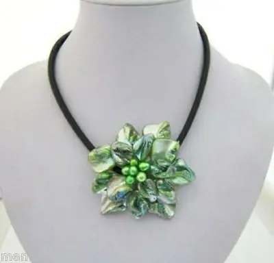 

Handmade Green Baroque Shell Flower&FW Pearl Black Leather Necklace 17.5 AAA style Fine Noble real Natural free shipping ##a #a