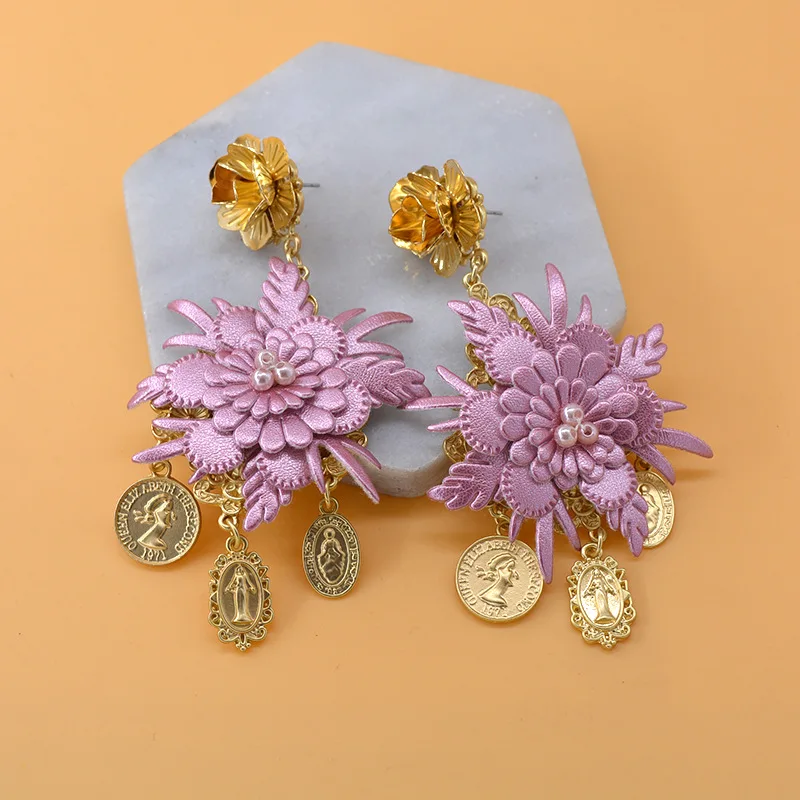 White & Pink lace leather flower pearl earrings fashion jewelry