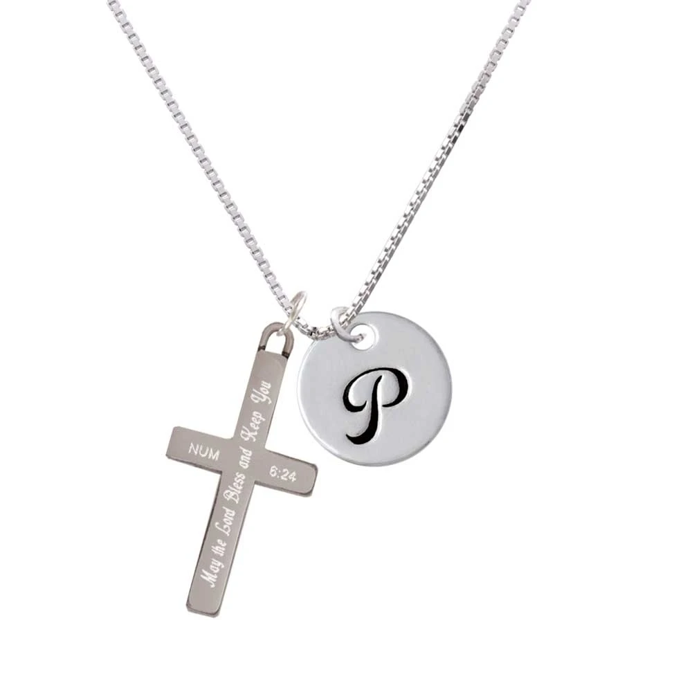 Large Script Letter - P - 3/4'' Disc - - Bless and Keep You - Cross Necklace