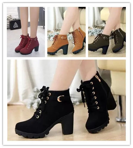 

4COLOES NEW Autumn Winter Thick Heels High Quality Solid Lace-up PU Fashion Women's Boots Thick Heels and Boots 35-41