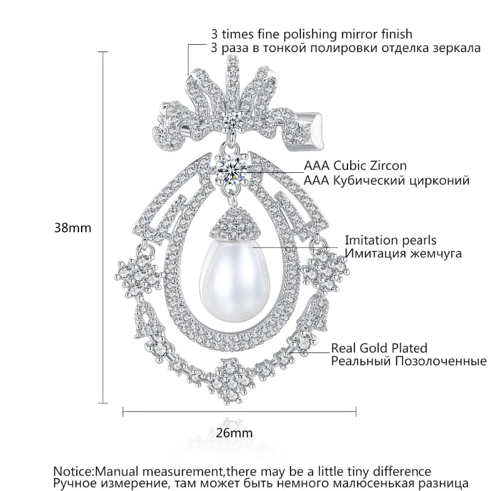 LUOTEEMI, новинка, модная роскошная брошь белого золота с искусственным жемчугом в виде капли воды для женщин, CZ Кристалл, Повседневная брошь, ювелирное изделие