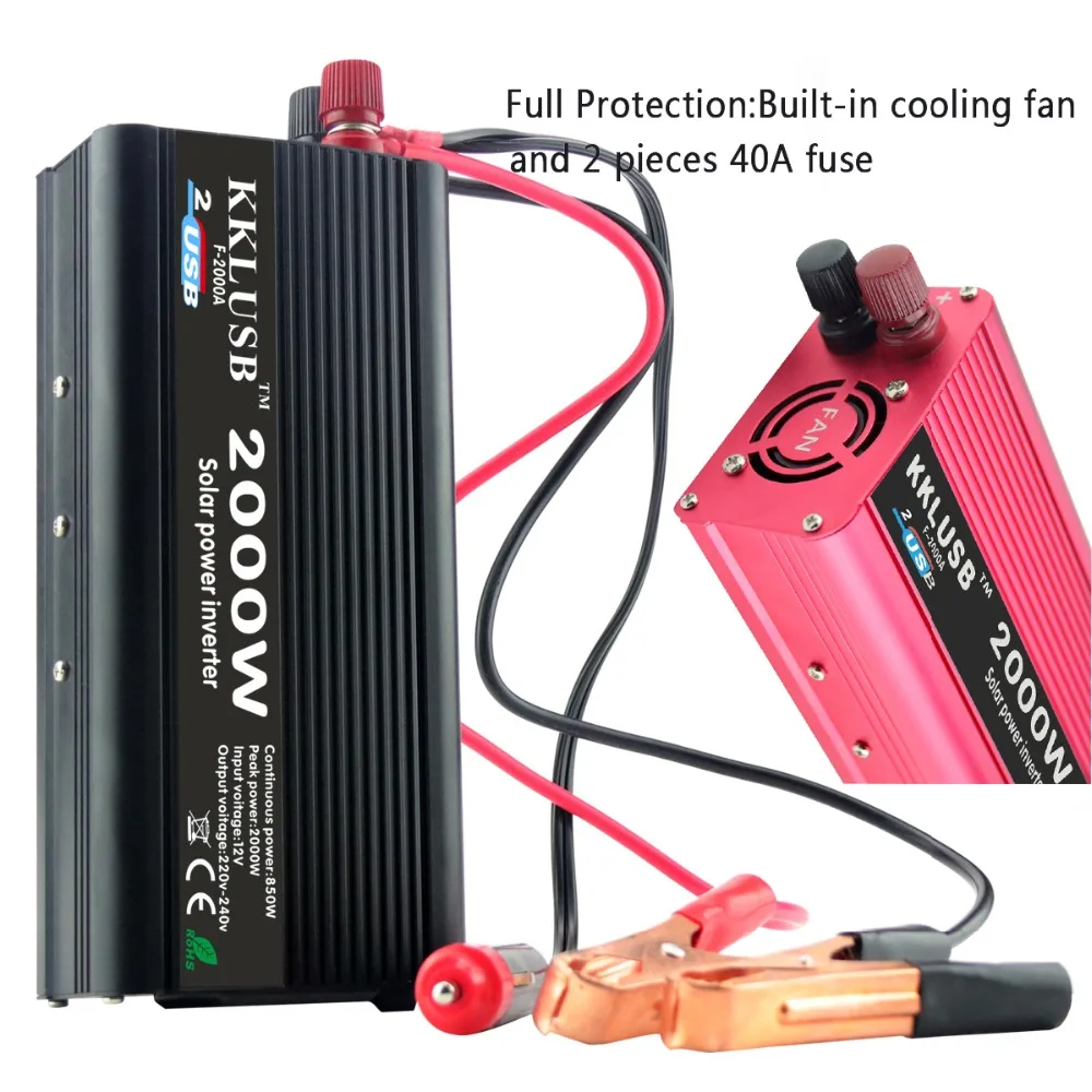 Portable Car Power Inverter Dual USB 2000 Watt DC 12V to AC 220V Charger Converter Adapter DC 12