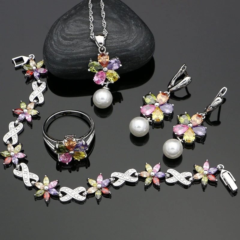 

Silver 925 Jewelry Multicolor Cubic Zirconia Freshwater Pearls Jewelry Sets For Women Wedding Earrings/Pendant/Ring/Necklace Set