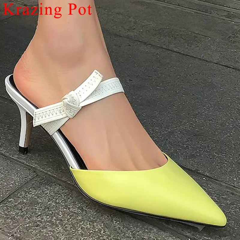 

Krazing Pot mixed colors genuine leather slip on mules pointed toe kitten med heels butterfly-knot decoration elegant pumps L02