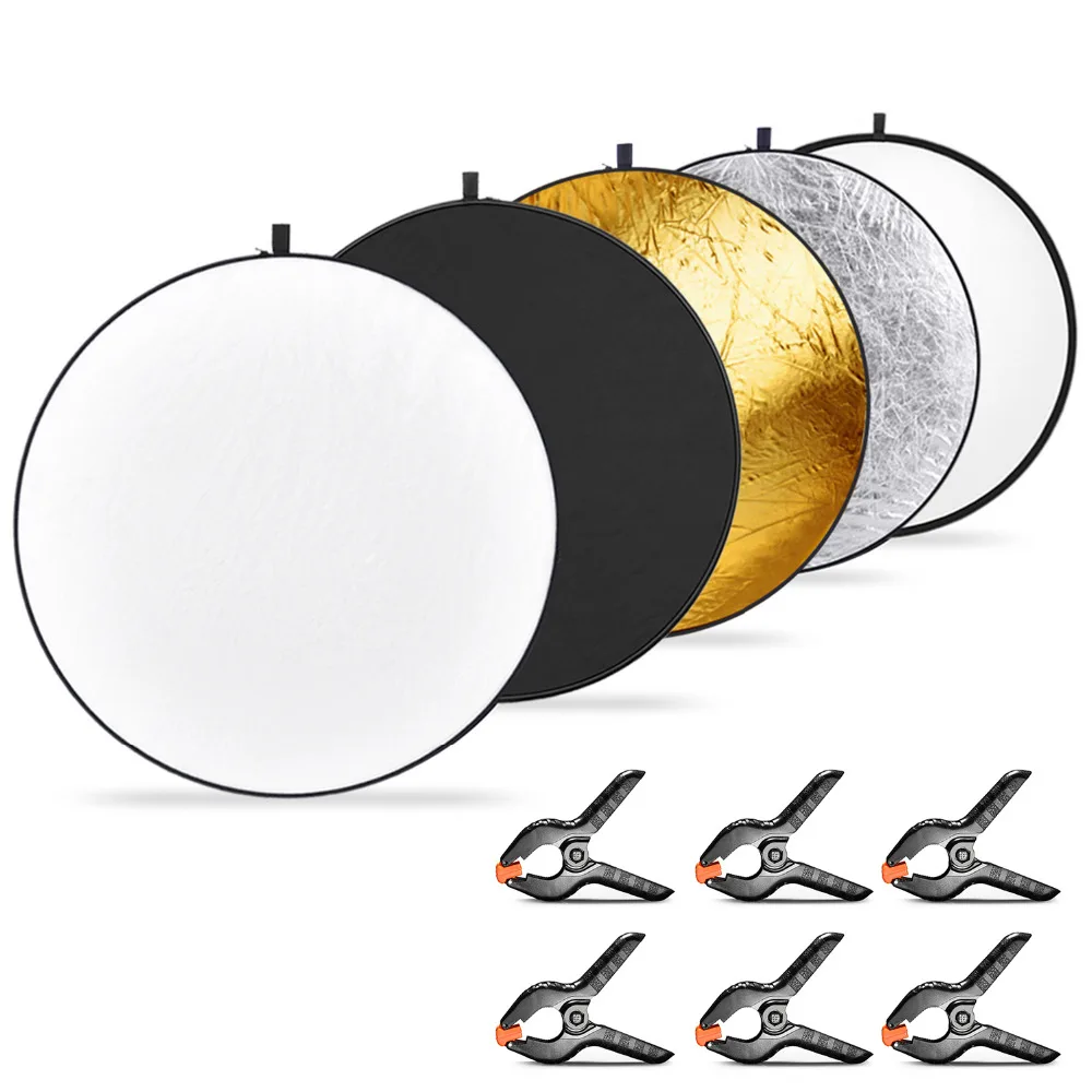 

Neewer 5-in-1 Collapsible Multi-Disc Light Reflector 43 inches/110 centimeters and 6-Pack Muslin Backdrop Spring Clamps