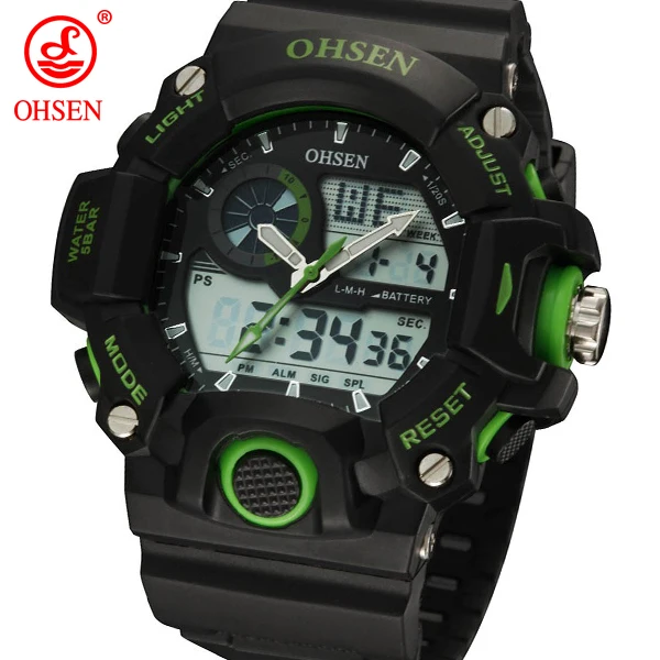 Relogio Masculino OHSEN мужские спортивные часы аналогово-цифровые часы мужские водонепроницаемые Двухъядерные светодиодный кварцевые наручные часы - Цвет: Зеленый