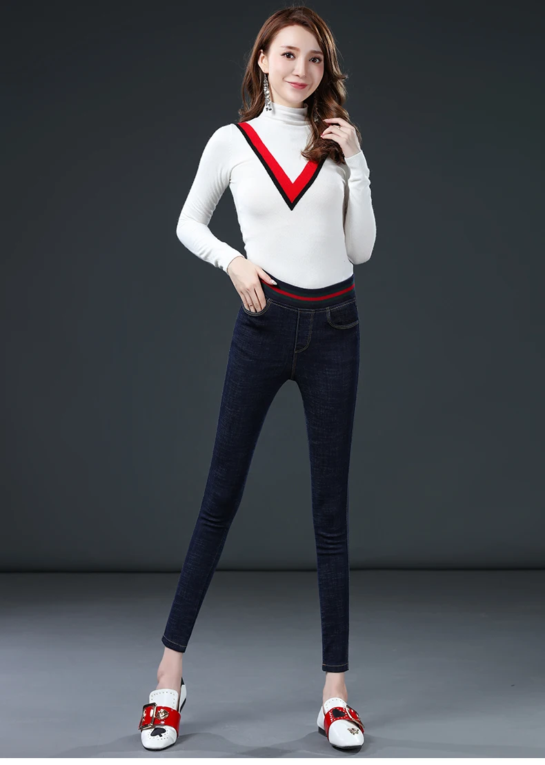 Корейский стиль эластичный пояс Тонкий облегающий в полоску контрастный Дизайн Тощий джинсы высокие стрейч джинсы