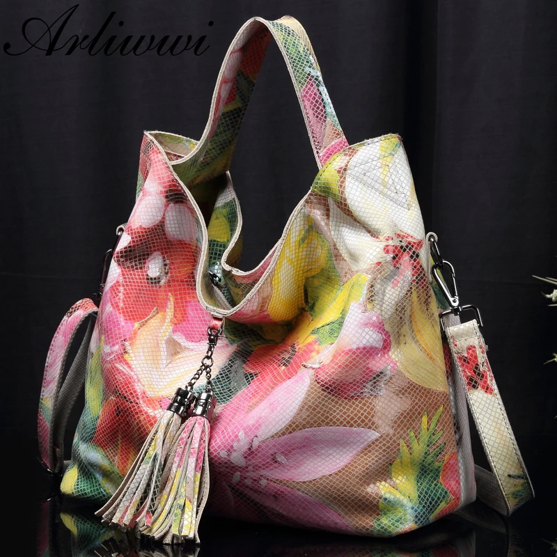 Arliwwi Brand Female Real Leather Shiny Flower Summer Women Tote Handbags New Lily Floral Lady Embossed Genuine Leather Bags