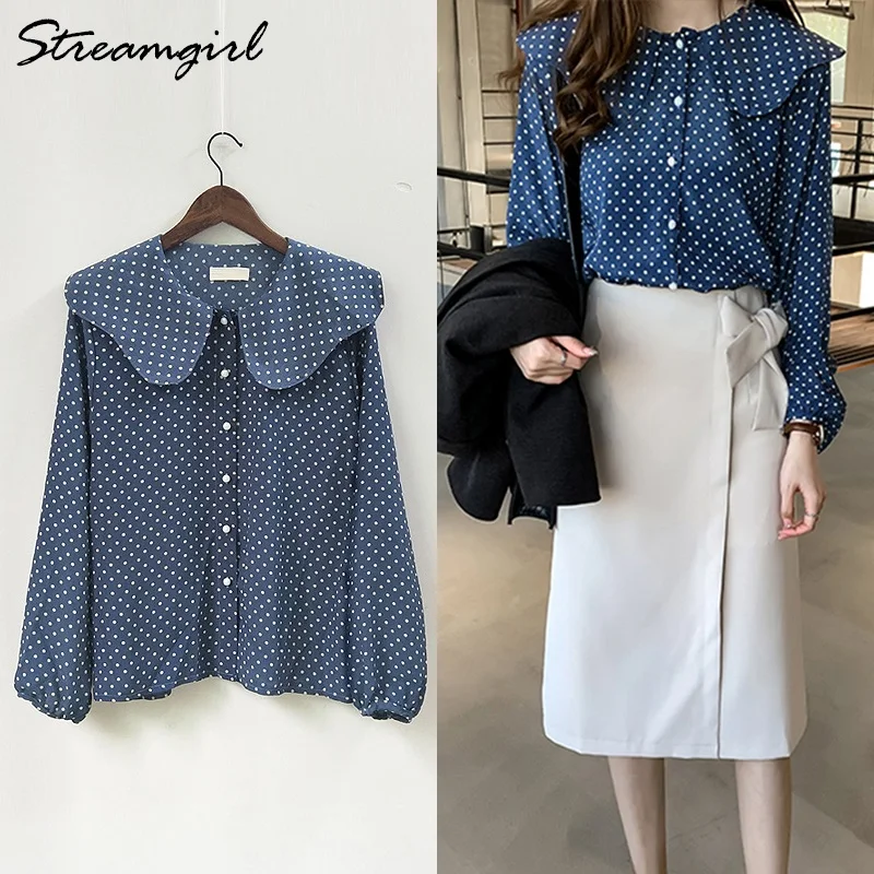 

Women Polka Dot Blouse Plus Size White Ladies Chiffon Blouse Large Sizes Printed Shirts Blouses For Women Polka Dot Shirt Autumn