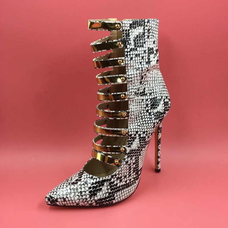 

Sneakskin Hollow Out Gold Straps Side Zip Heels Boots For Women Zipper Pointed Toe Ankle Boots For Women Size 12 Real Image