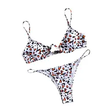Women Sexy Two Piece Bikini Set Irregular Push Up Underwire Deep V-Neck Bra Low Waist High Cut Thong Bottoms Boho Retro Leopard pink simple low cut v neck bikini top