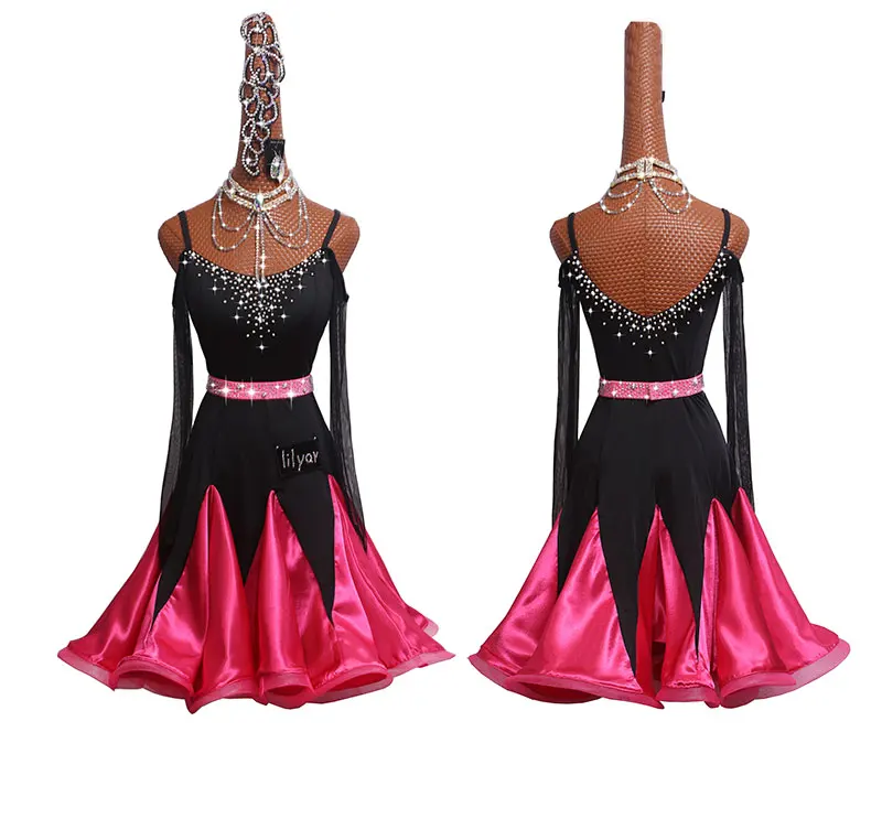

Shiny Rhinestone Ladies Latin Dance Dress For Fashion Women Black Long Seeve Stage Standard Modern Perform Training Salsa Dress