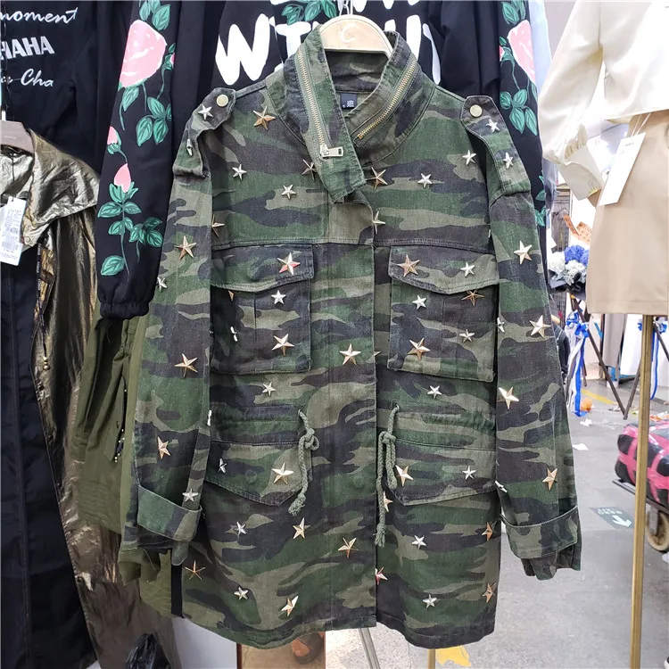 Новинка, Женская камуфляжная куртка с заклепками, Chaquetas Mujer, осенние куртки, пальто, Новое поступление, Женская винтажная куртка