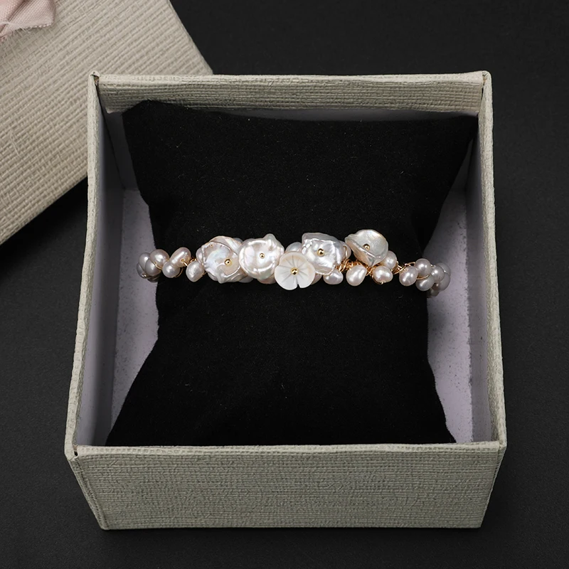 Shuangsheng, натуральный пресноводный барочный жемчуг, женские браслеты, ракушка, цветок, ручная обмотка, регулируемые браслеты, свадебный браслет
