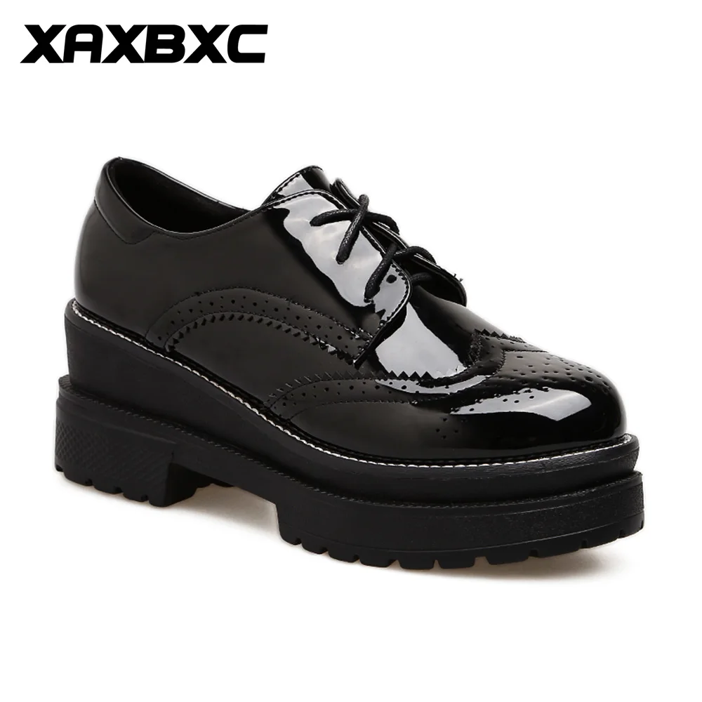 

XAXBXC 2018 Retro British Spring Black Leather Brogue High Heels Platform Pumps Lace-Up Oxfords Women Casual Ladies Shoes