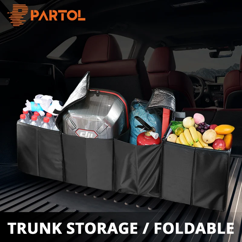 

Partol Universal Big Size Car Trunk Storage Bag Auto Black 4 Pockets Organizer with Insulation Box for Food/Drinks Large Volume