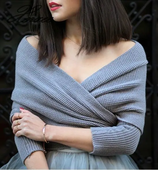 

2019 autumn and winter new V-shaped cross-neck collar off-shoulder knit sexy pullover sweater