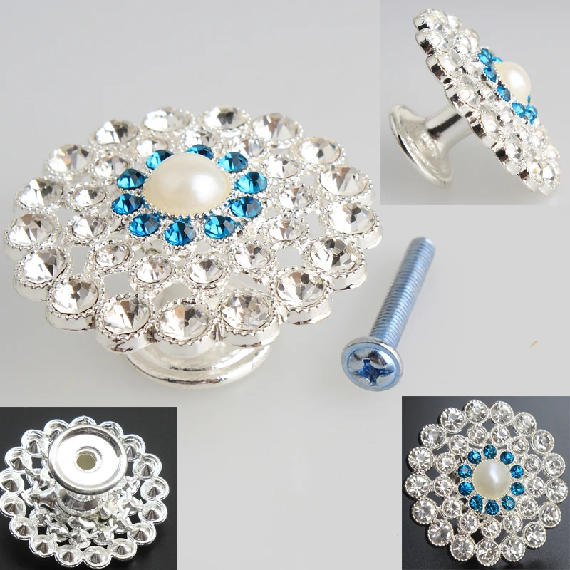 

Modern fashion luxury silver crystal furniture handle white peal blue clear rhinestone drawer shoe cabinet TV cabinet knob pull