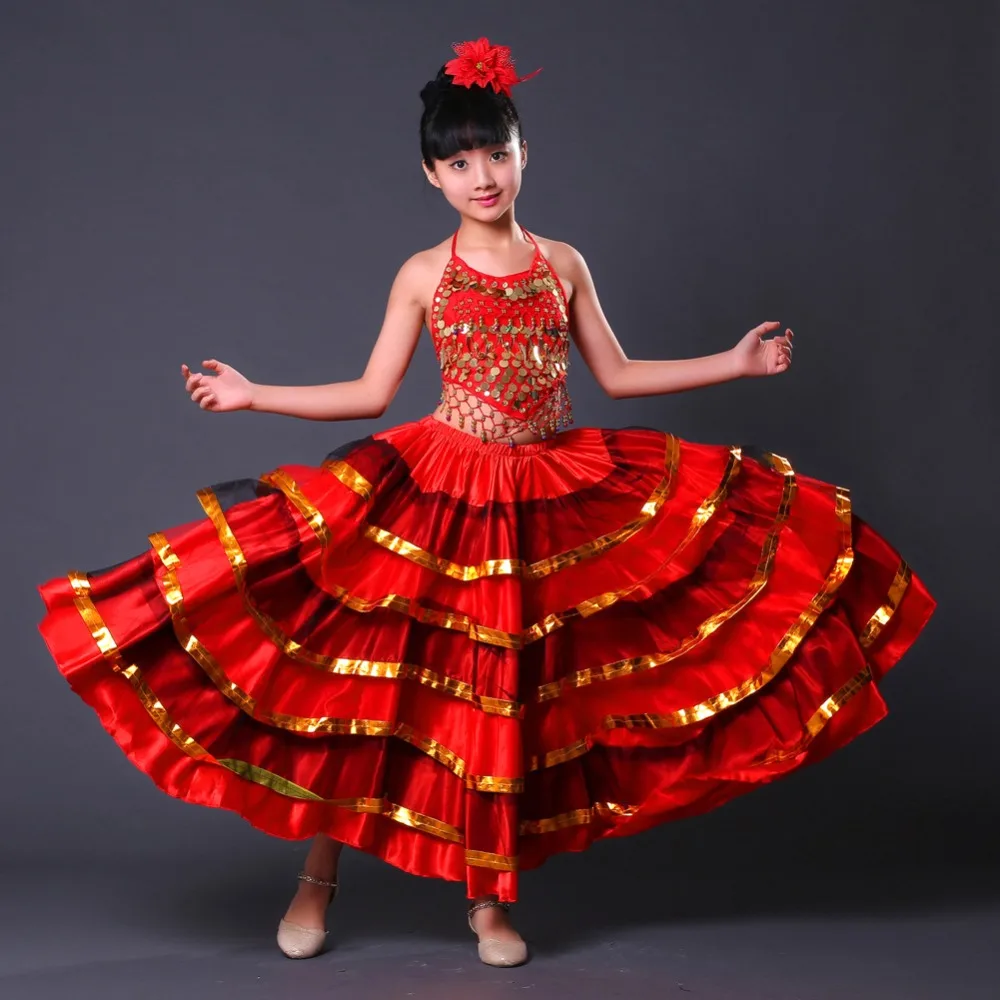 LOlanta Girls Spanish Flamenco Skirt Gypsy Belly Dancer Performance Costume Set 4-11 Years kids clothes children dance suit