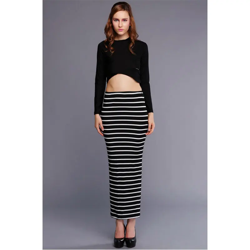 2016 Lady Women Striped Bodycon Stretch Sexy Dress Long Sleeve Tops Blouse Long Skirts