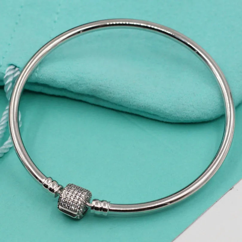 

Authentic 925 Sterling Silver Bangle Bracelet for Women Signature Clasp Clear CZ with Crystals fit Pandora Bead Charm Pendant