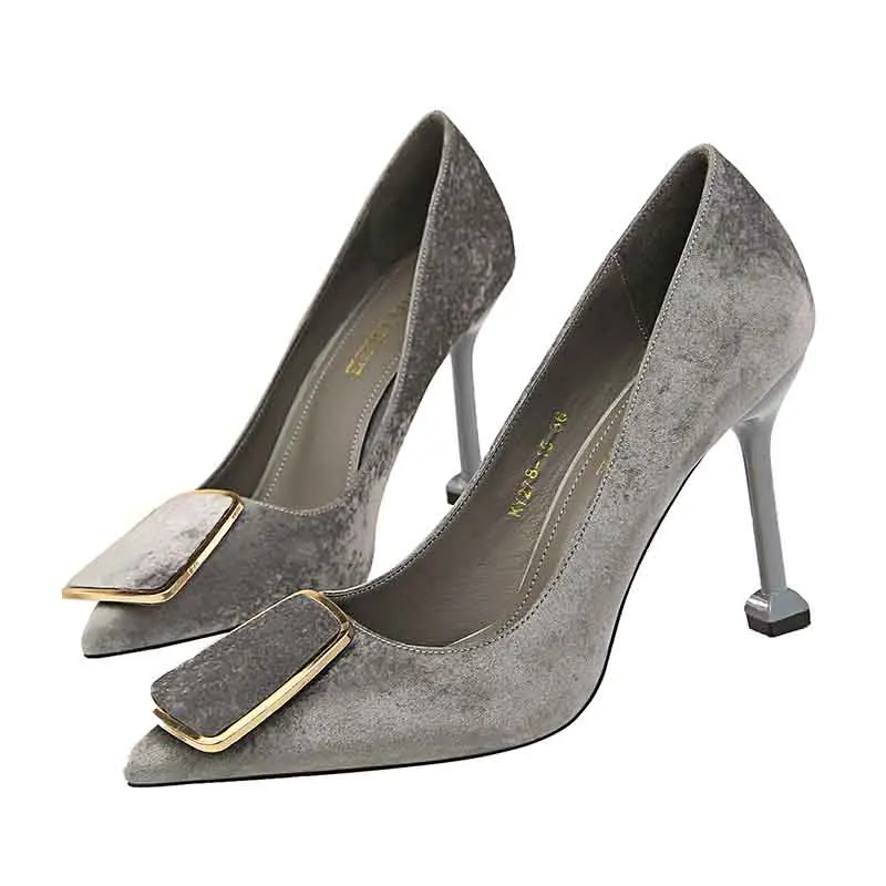 Лидер продаж пикантные острый носок Обувь на высоких каблуках замшевые шпильки Обувь Свадебная обувь на каблуках для женские офисные - Цвет: Gray