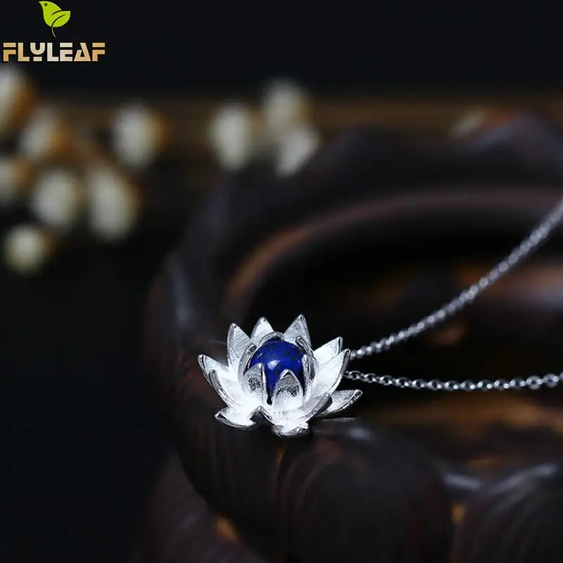 Женское колье с подвеской в виде цветка лазурита из серебра 925 пробы|lotus flower
