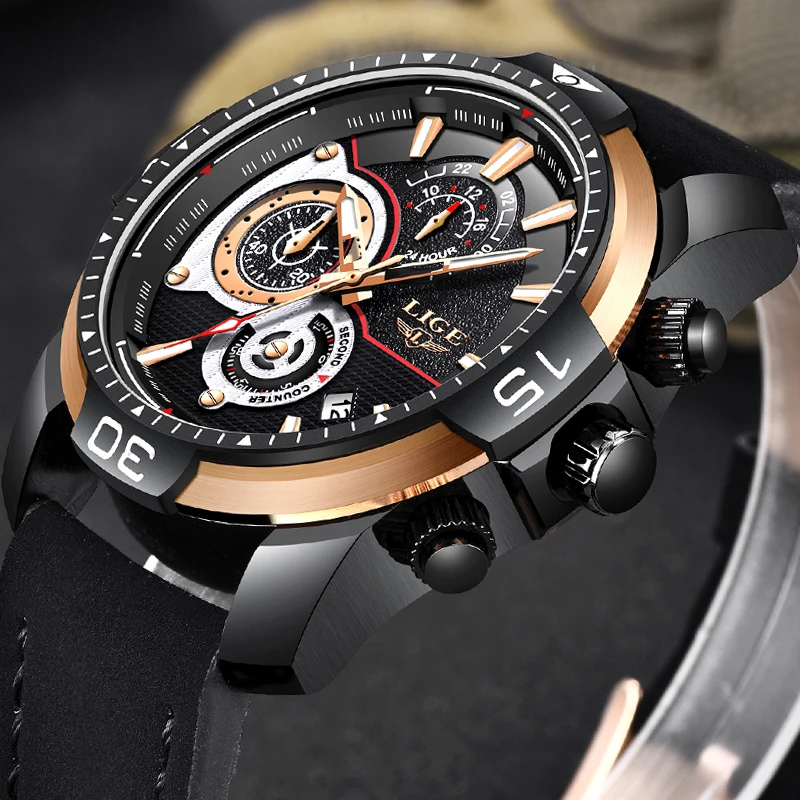  New Luxury Brand LIGE Men Fashion Casual Watches Men's Quartz Clock Man Leather Strap Army Military