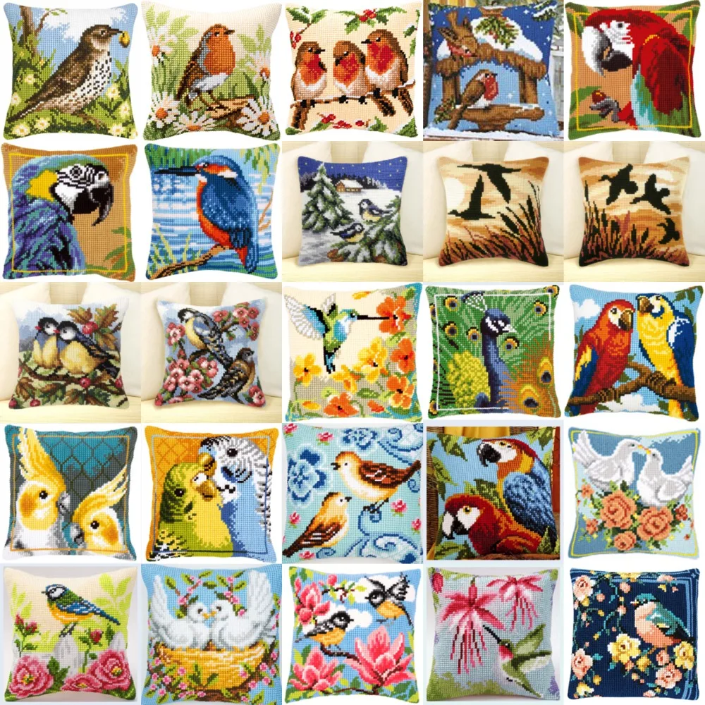 

DIY Needlework Kit Unfinished Acrylic Yarn Embroidery Pillow Tapestry Canvas Cushion Front Cross Stitch Pillowcase Birds style