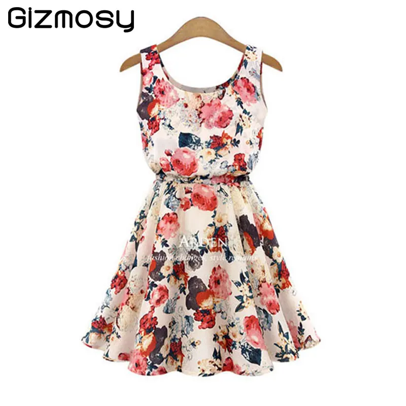 

Summer Chiffon Dress Women 2018 Brand Boho Apricot Sleeveless O-Neck Floral Print Pleated Party Club Wear Formal Dresses BN3364