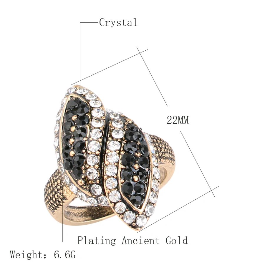 Wholesale Vintage Black Crystal Big Wedding Rings For Women Antique Gold Color Wave Ring Fashion Jewelry Free Shipping