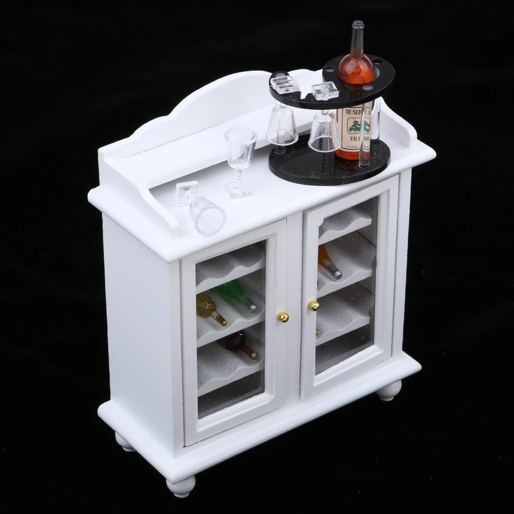 1/12 Dollhouse Miniature Wooden Wine Cabinet & Wine Rack & Cups Model Set Room Furniture Accessories