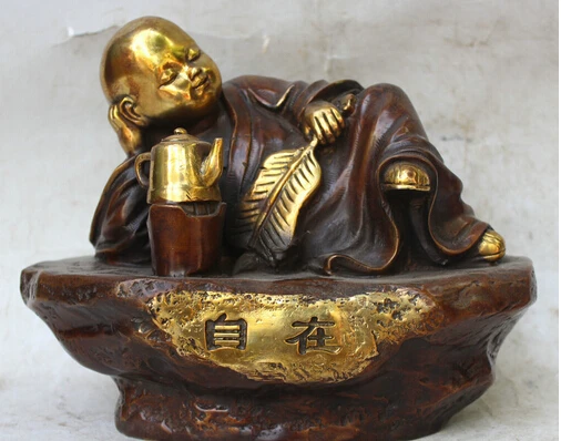 

xd 002975 9" Chinese Bronze Gild Sleep Monk Buddha Shaveling Hand Fan Water Pot Statue