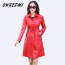 SWREDMI Новое модное тонкое осенне-зимнее кожаное пальто с отложным воротником Длинная кожаная куртка для женщин 5XL размера плюс кожаный Тренч