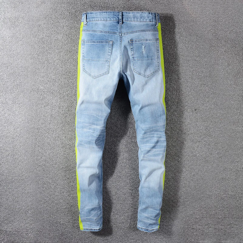 Koop Sokotoo mannen neon gele kleur lijnen patchwork ripped jeans Fashion gaten vernietigd denim stretch broek