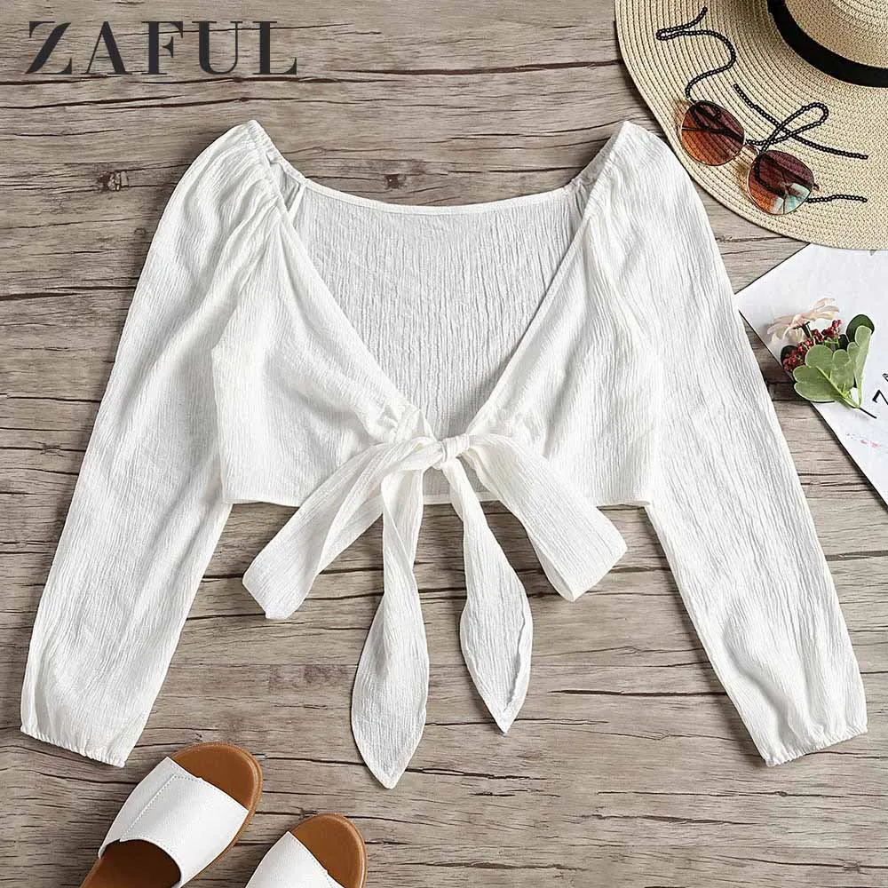 

ZAFUL Women Low Cut Tied Bowknot Crop Blouse Solid Short Crop Top Cotton Summer Sweet Full Sleeves Blouses Daily Streetwear