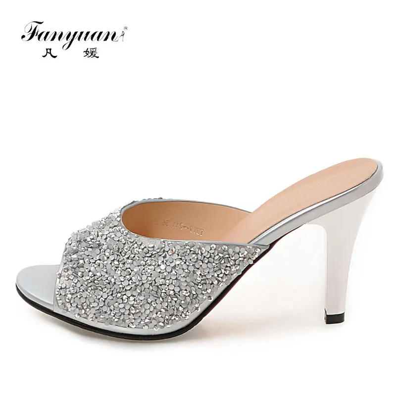 

Fanyuan High Heels Slipper Sandals Shoes Woman Peep Toe Slip-On Women Summer Slippers Sexy Ladies Glitter Slides Sandals Silver