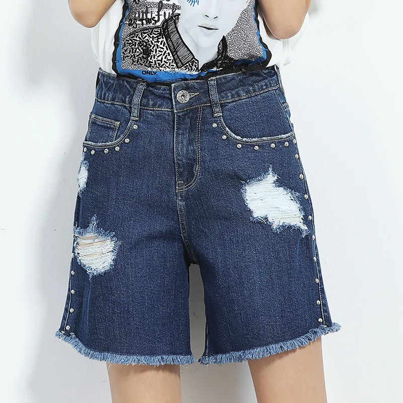 

2017 LEIJIJEANS NEW Arriva mid waist denim short rivet summer shorts fasion jeans button loose straight ripped women